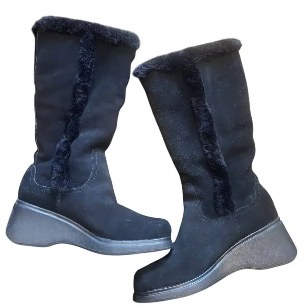 Vintage Y2K Bongo Boots Women's 8 Black Suede Leather Wedge Faux Fur Trim